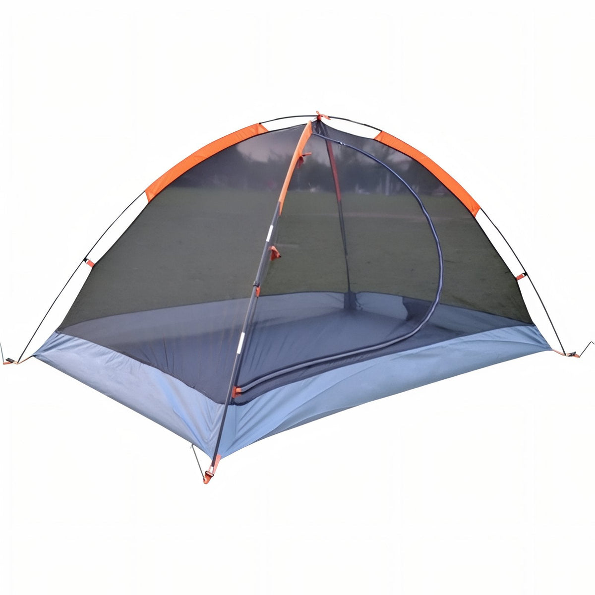 Side view of the mesh inner tent with its grey floor and crossed poles
