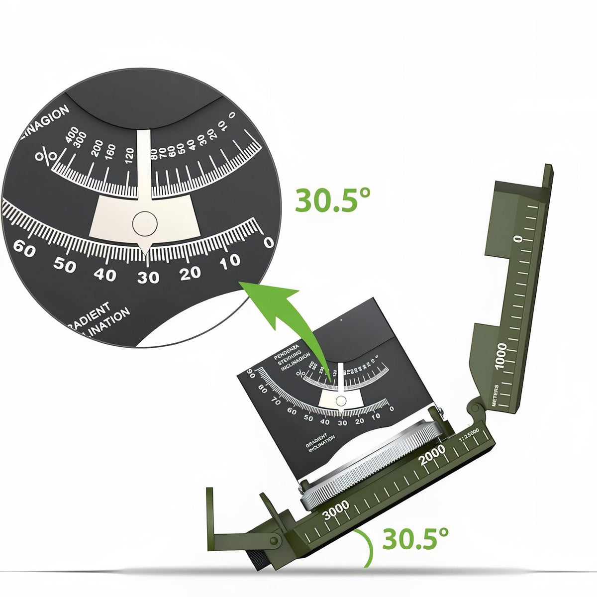 Close-up of the compass clinometer scale reading a 30.5 degree slope, with the compass tilted on its edge