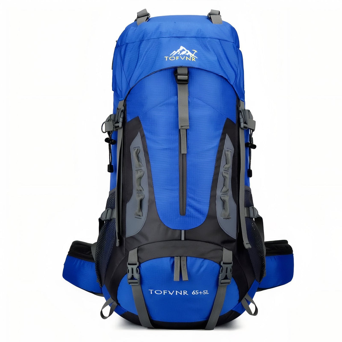 Blue hiking backpack with black panels and an orange zip, front view
