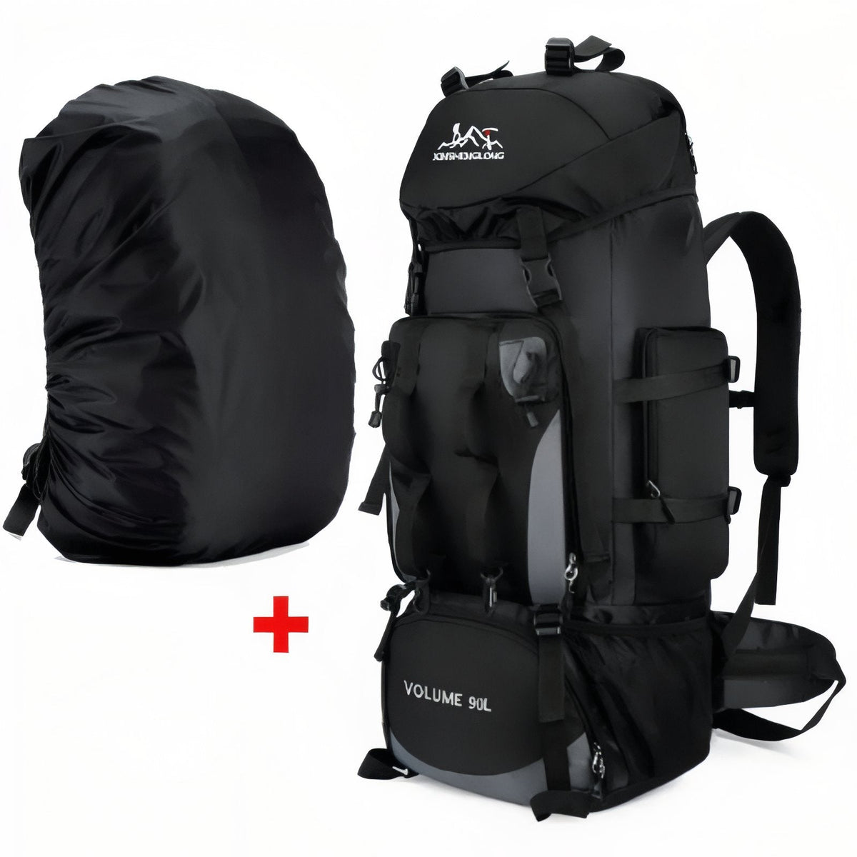 Black 90 L hiking backpack beside its black pull-over rain cover