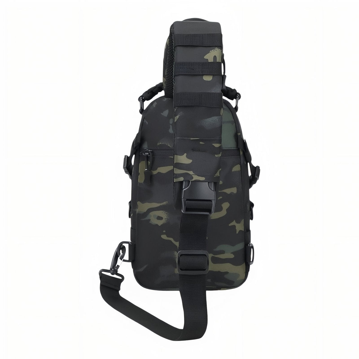 Black camouflage sling bag from the front with its strap hanging down