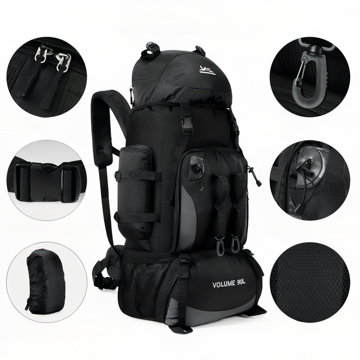 Black 90 L hiking backpack with close-ups of its buckles, hook, rain cover and mesh