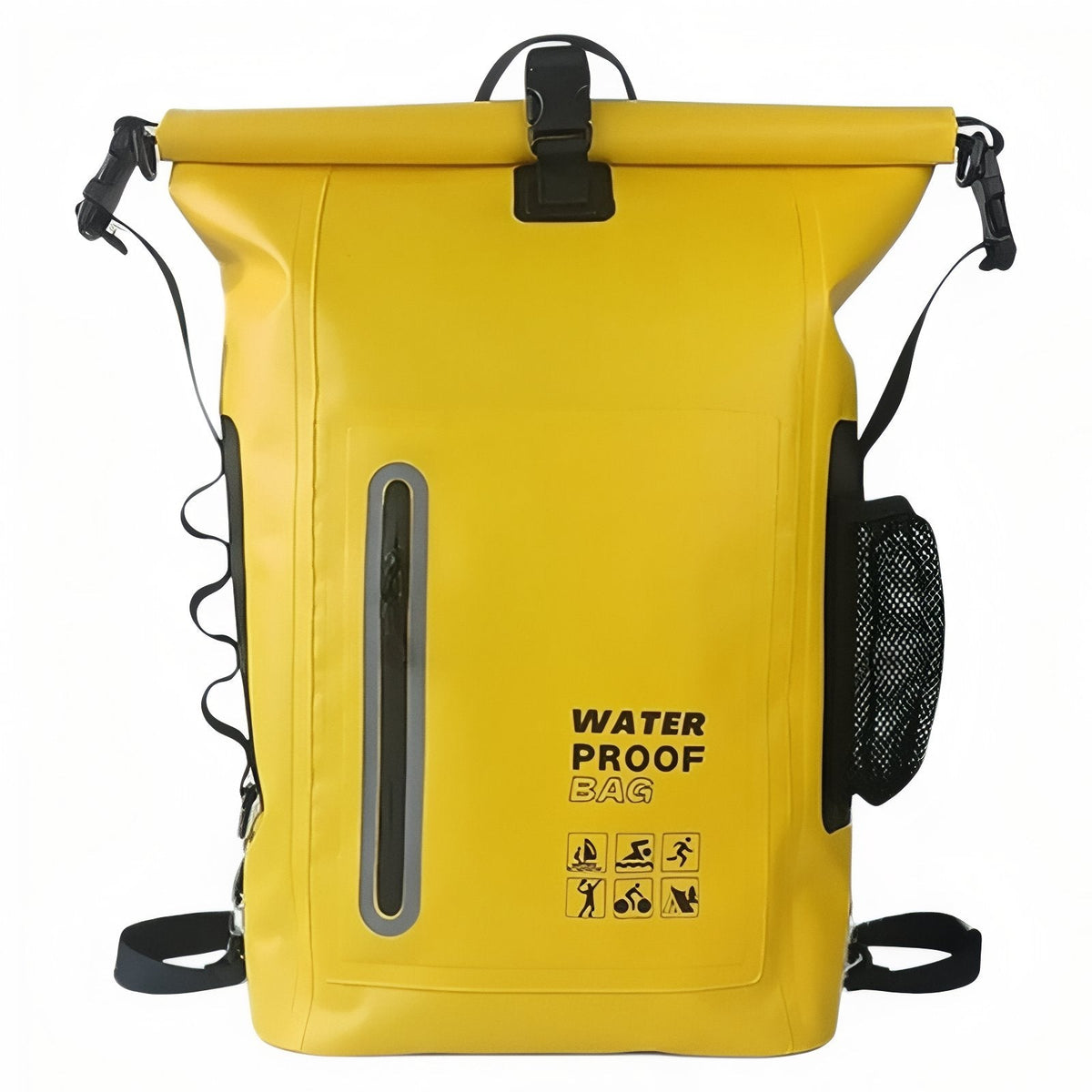 Yellow 30 L roll-top PVC backpack from the front, vertical zip pocket, side mesh bottle pocket and buckle closure