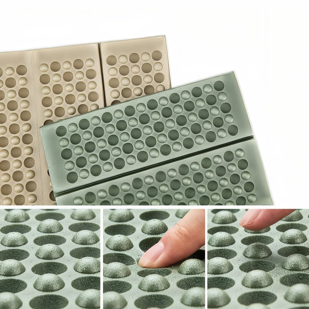 Close-ups of the khaki and green pads' dimpled foam, with a finger pressing into the raised dimples