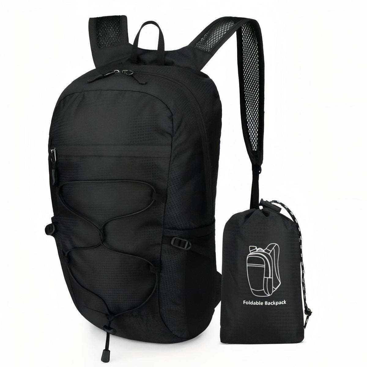 Black packable daypack with a black bungee cord, beside its matching stuff pouch