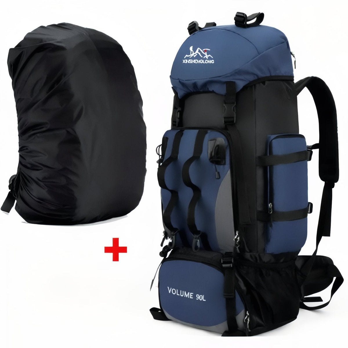 Navy blue 90 L hiking backpack beside its black pull-over rain cover