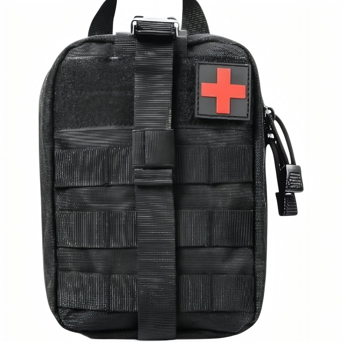 Black pouch from the front with MOLLE webbing, a buckle and a square patch on its front panel