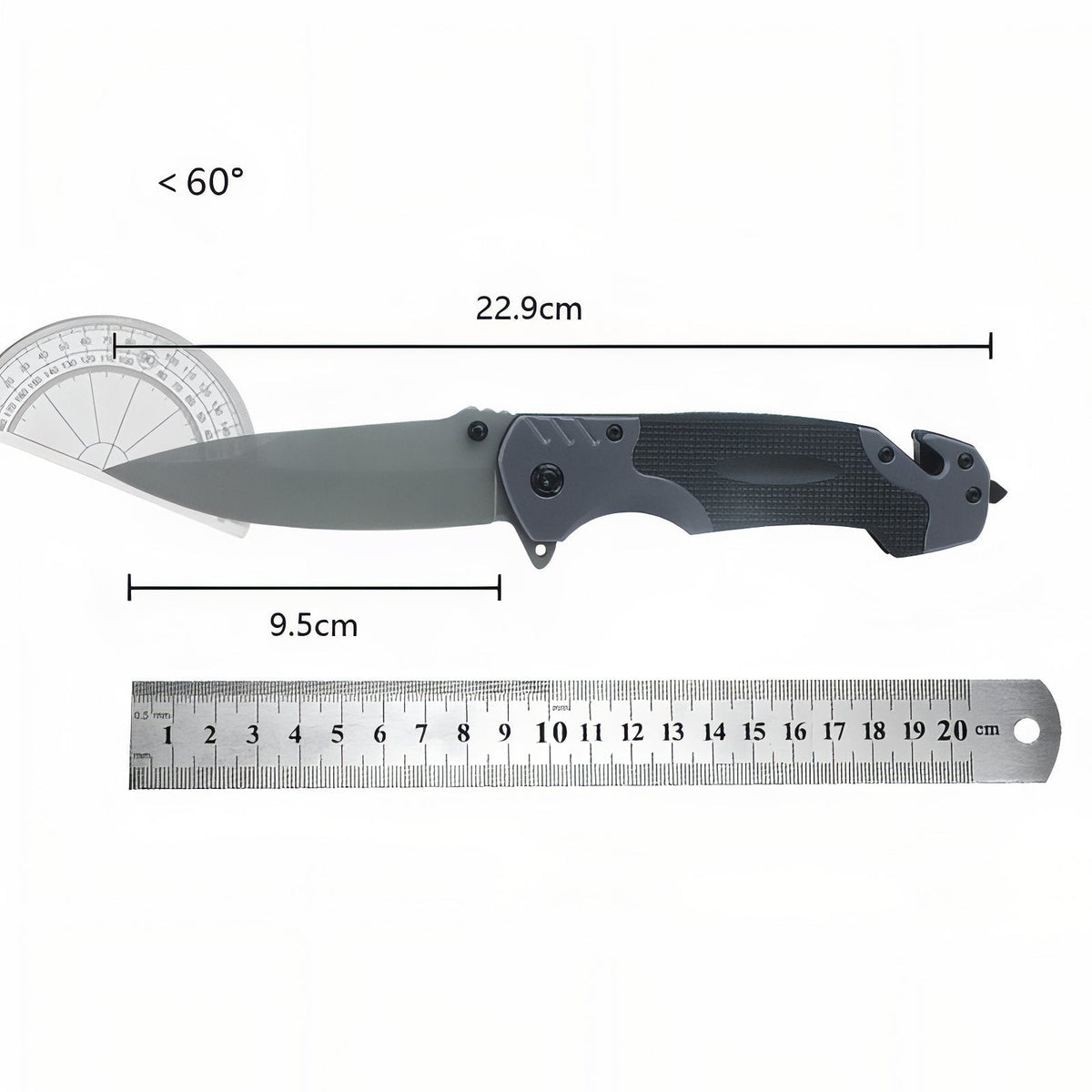 Open folding knife above a steel ruler, marked 22.9 cm overall and 9.5 cm blade