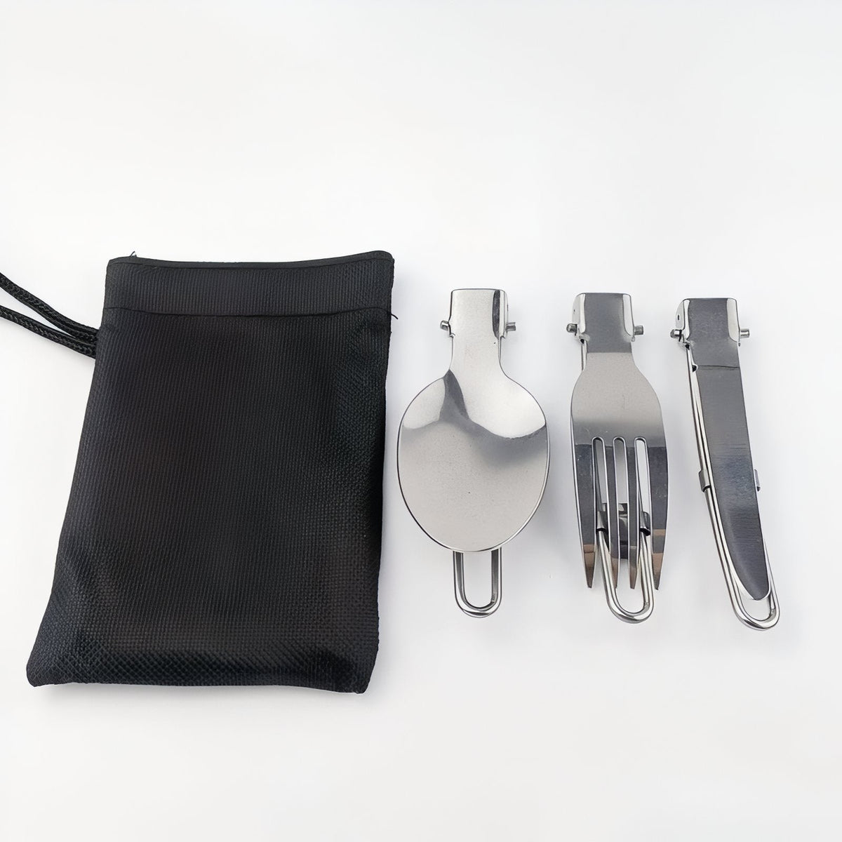 The three pieces folded next to the black mesh drawstring pouch