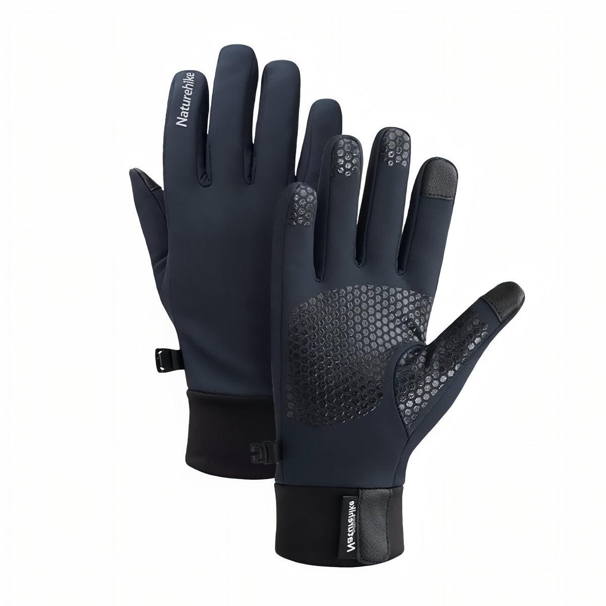 Pair of navy blue hiking gloves with a honeycomb silicone grip, touchscreen tips and black stretch cuffs