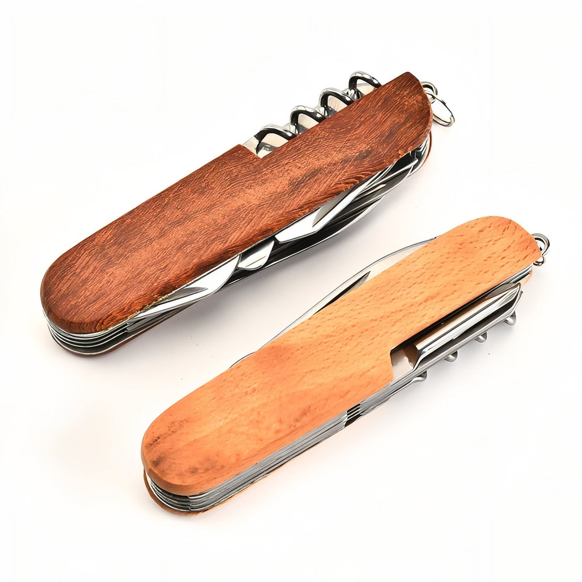 Two closed wooden multitools side by side, one in a darker and one in a lighter wood