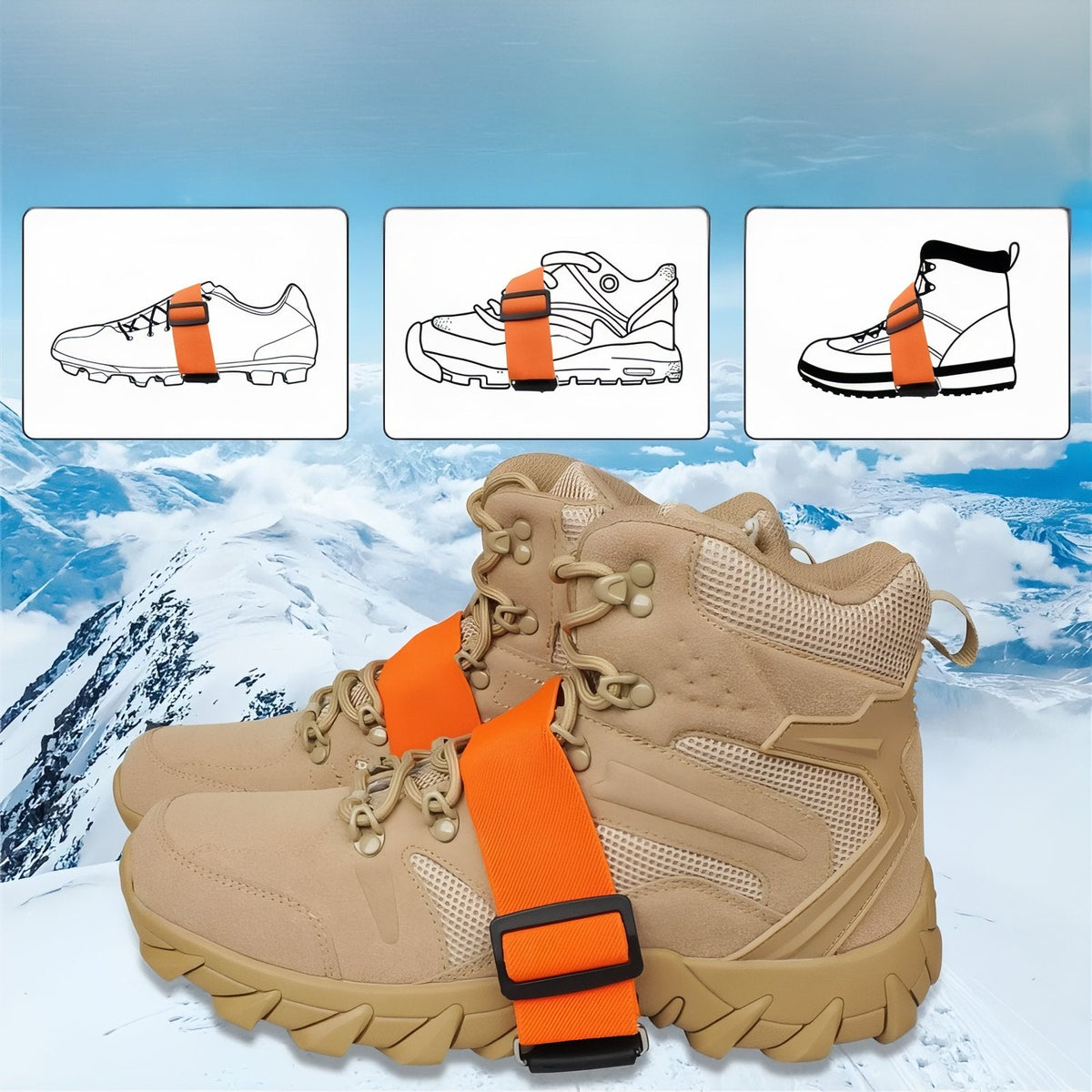 Line drawings of the cleat strapped on a trainer, a shoe and a boot, above a pair of tan boots wearing the cleats