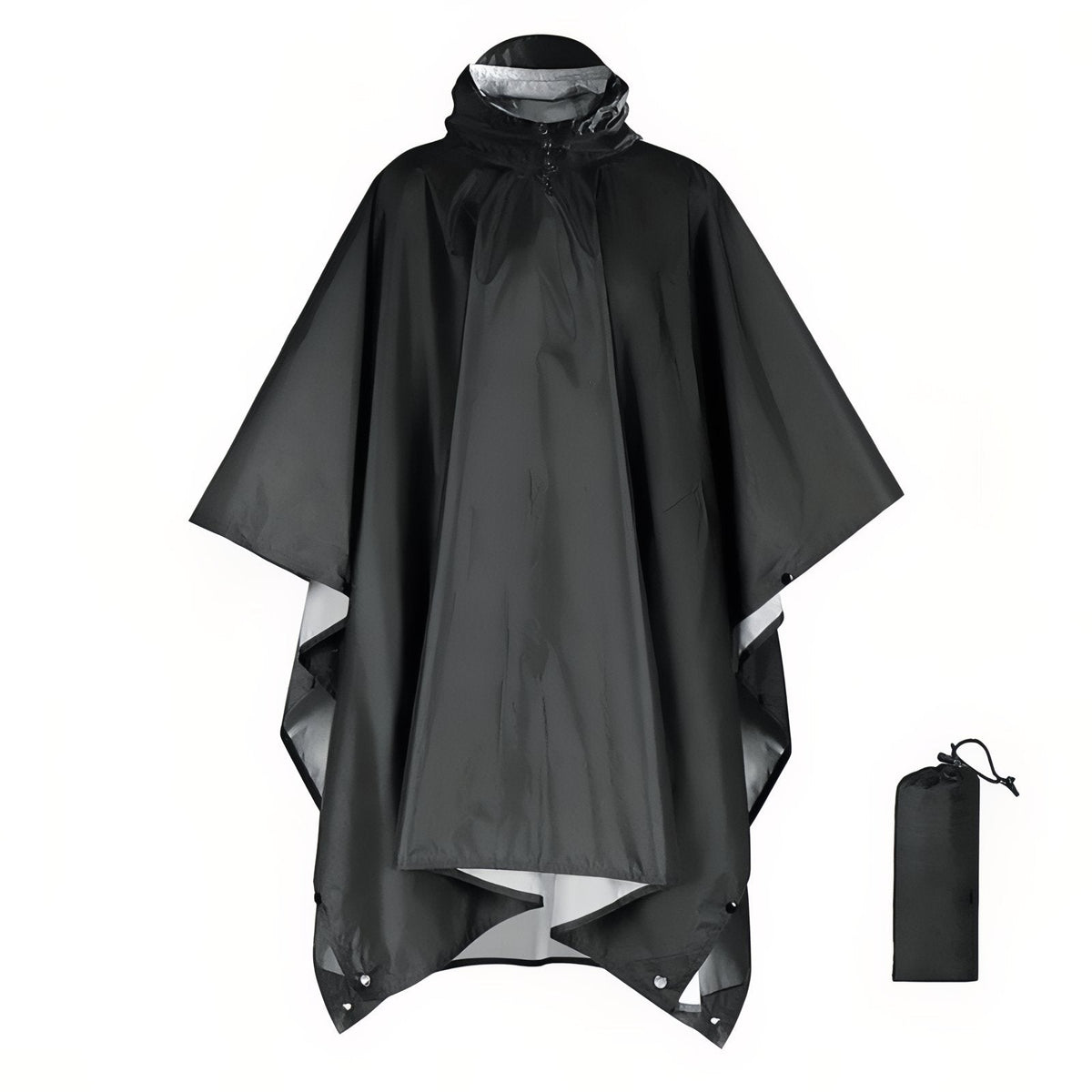 Black hooded rain poncho seen from the front with snap sides and corner grommets, its black pack bag beside it