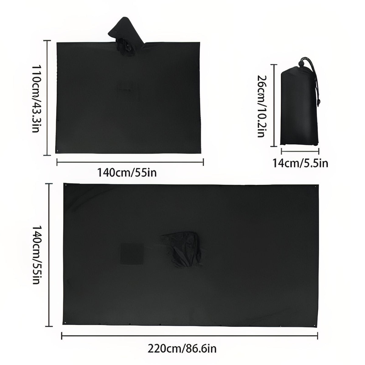 Diagram of the black poncho laid flat at 220 x 140 cm, folded at 140 x 110 cm, and its 26 x 14 cm pack bag