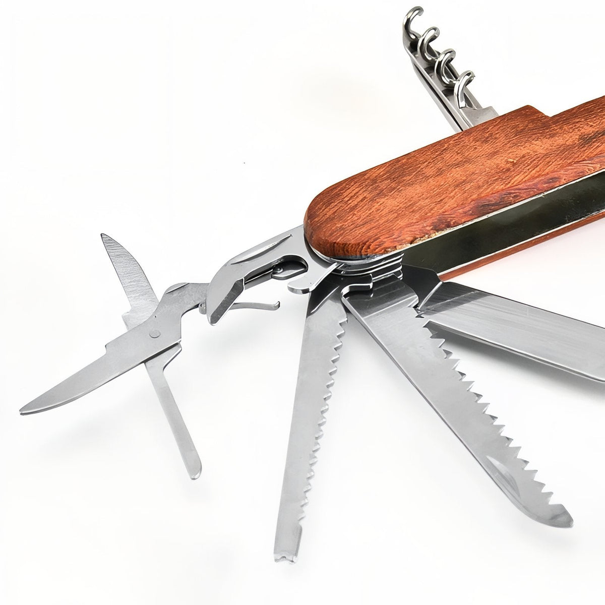 Close-up of the wooden multitool with its saw blades, scissors and corkscrew opened out