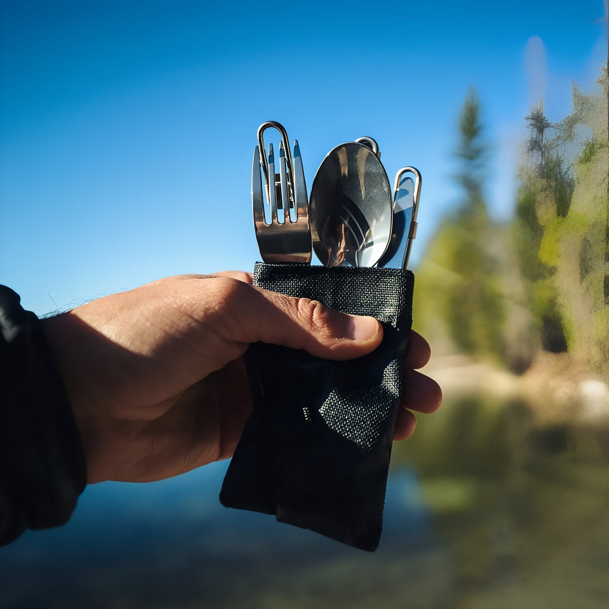 Hand holding the folded cutlery set in its black mesh pouch by a lake