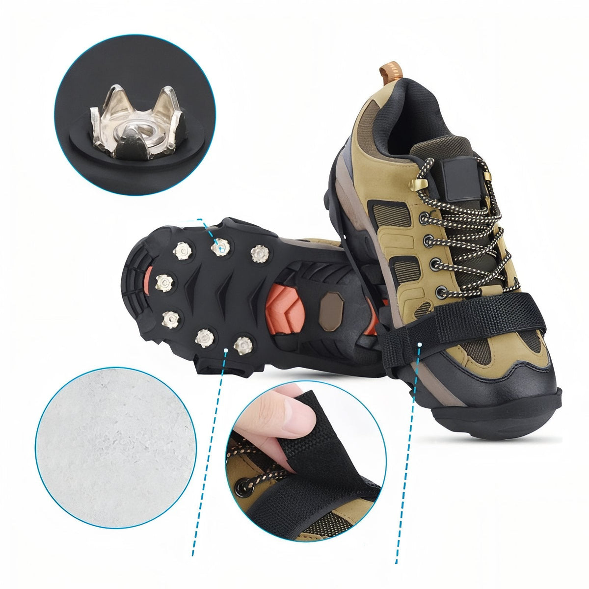 Close-ups of a toothed metal stud and the hook-and-loop strap, with the cleat fitted on a walking shoe