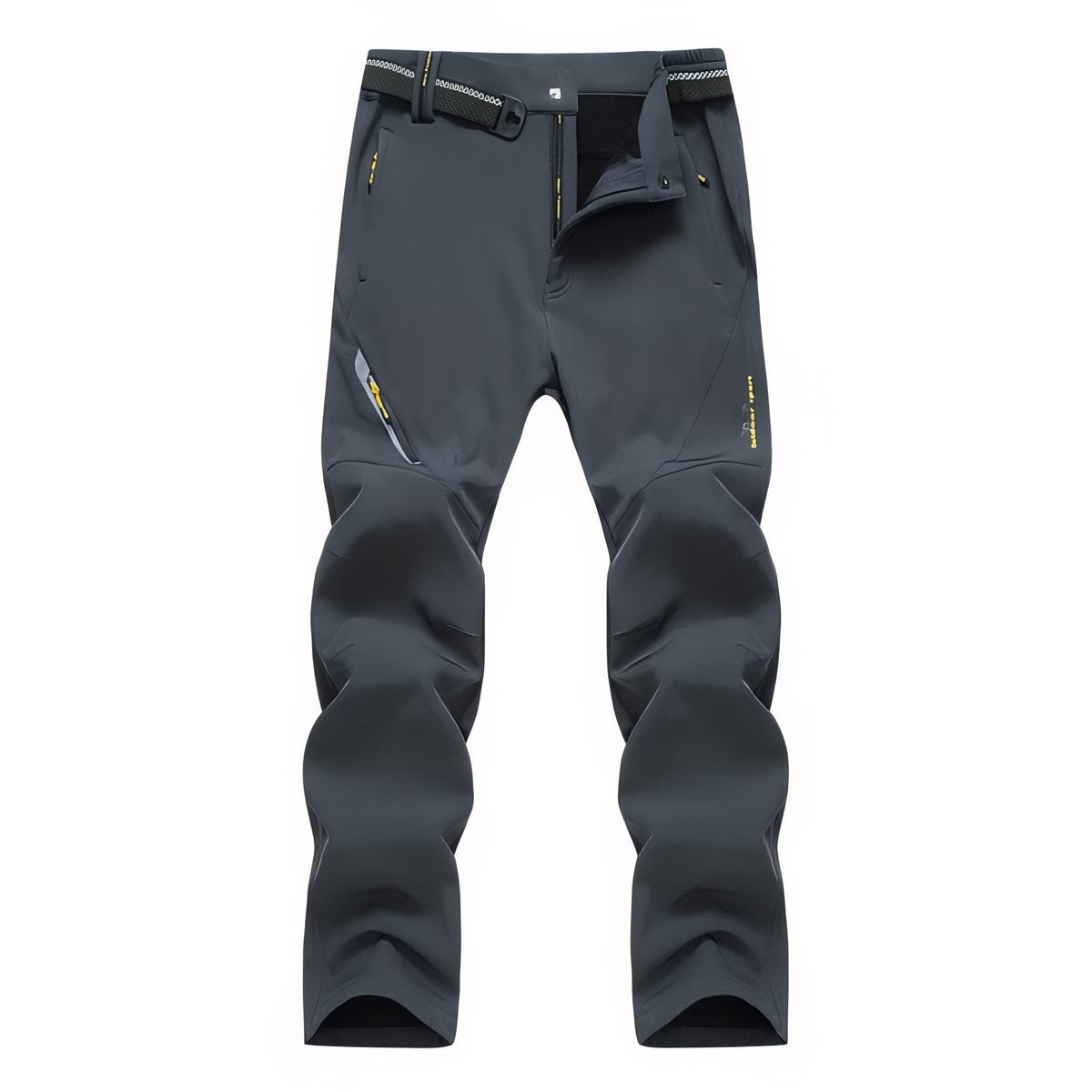 Slate grey men's fleece-lined softshell hiking trousers with a webbing belt and zipped pockets, front view