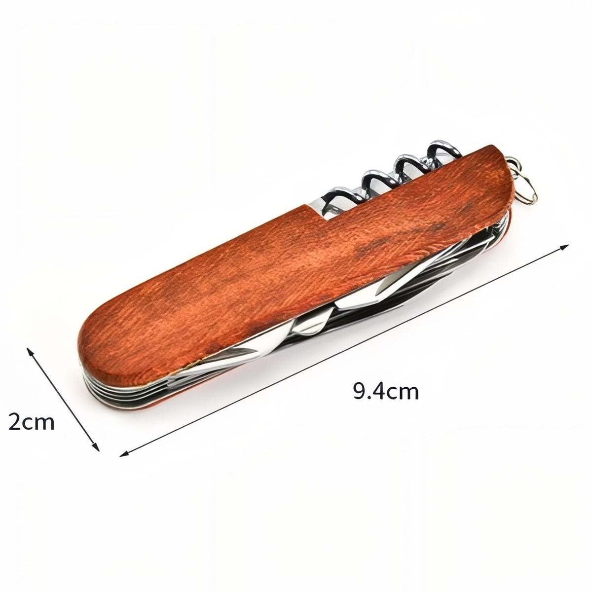 The closed wooden multitool with its length of 9.4 cm and width of 2 cm marked