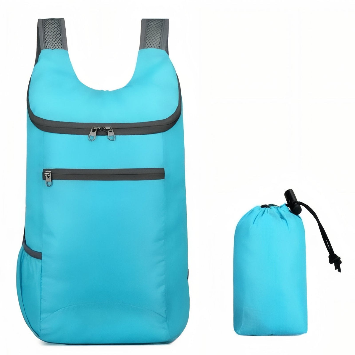 Sky blue packable daypack beside its drawstring stuff sack