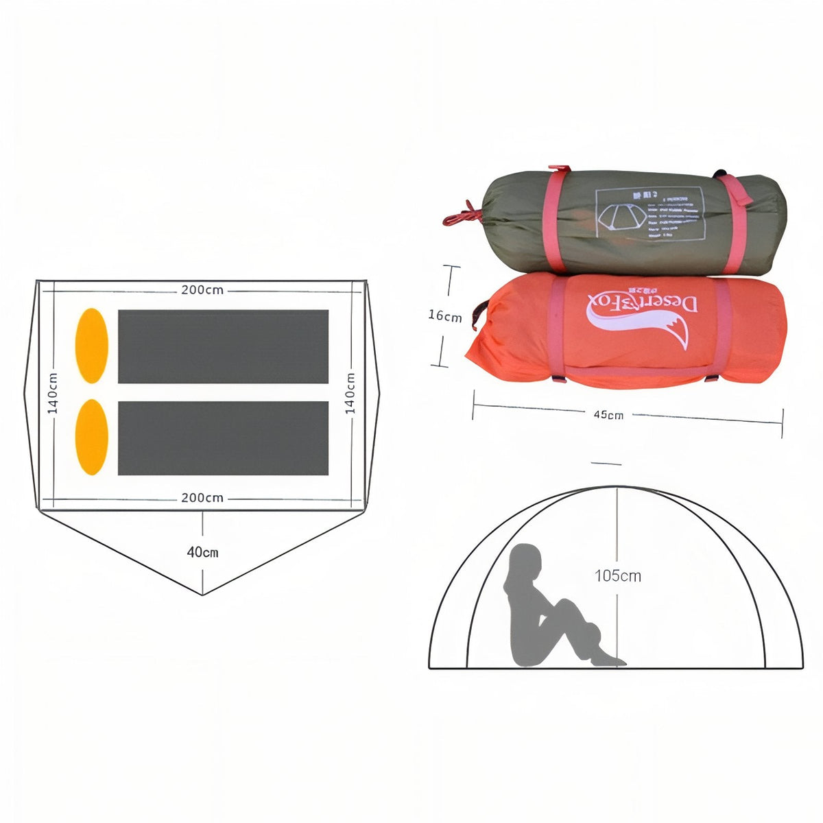 Diagram of the tent: inner floor 200 x 140 cm with a 40 cm porch, 105 cm inner height, and the packed bags