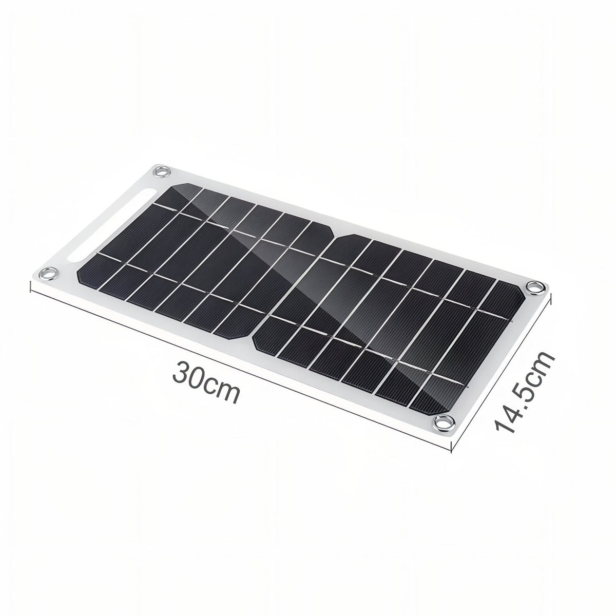 The solar panel marked 30 cm long and 14.5 cm wide