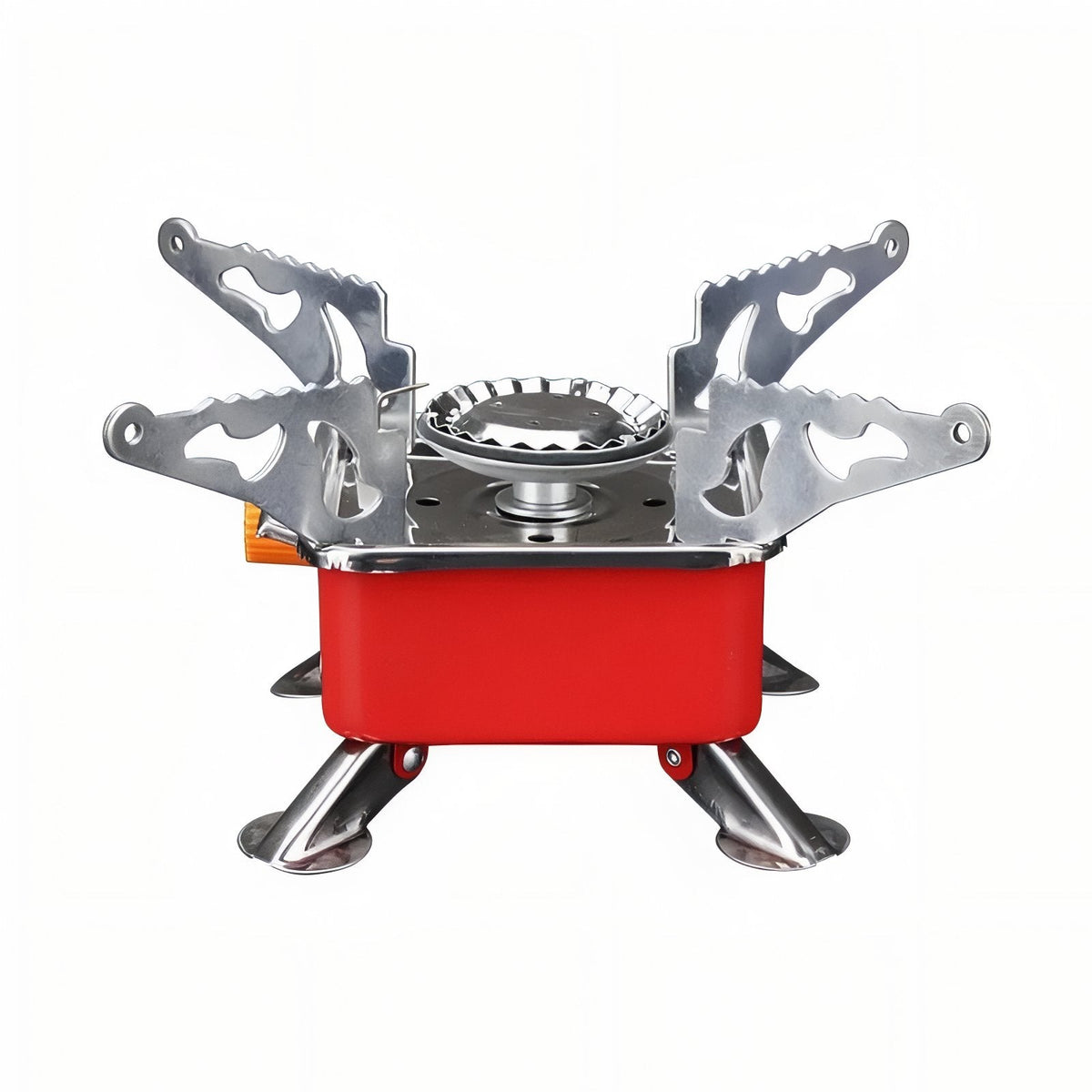 Red folding camping stove with pot supports and legs unfolded, seen from the front on white