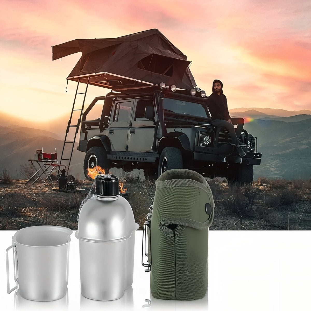 The canteen kit outdoors beside a vehicle with a roof tent at sunset