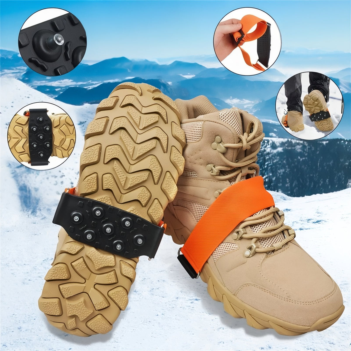 Pair of tan boots with the cleats fitted, with close-ups of a steel stud, the pad and the strap