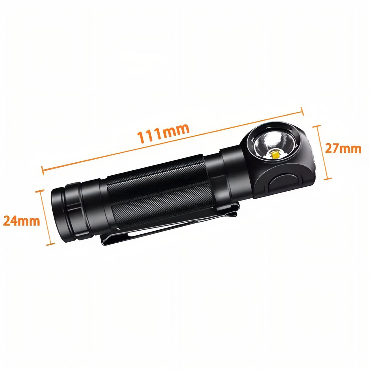 Black right-angle torch with pocket clip, measuring 111 mm long, 24 mm across the tube and 27 mm across the head
