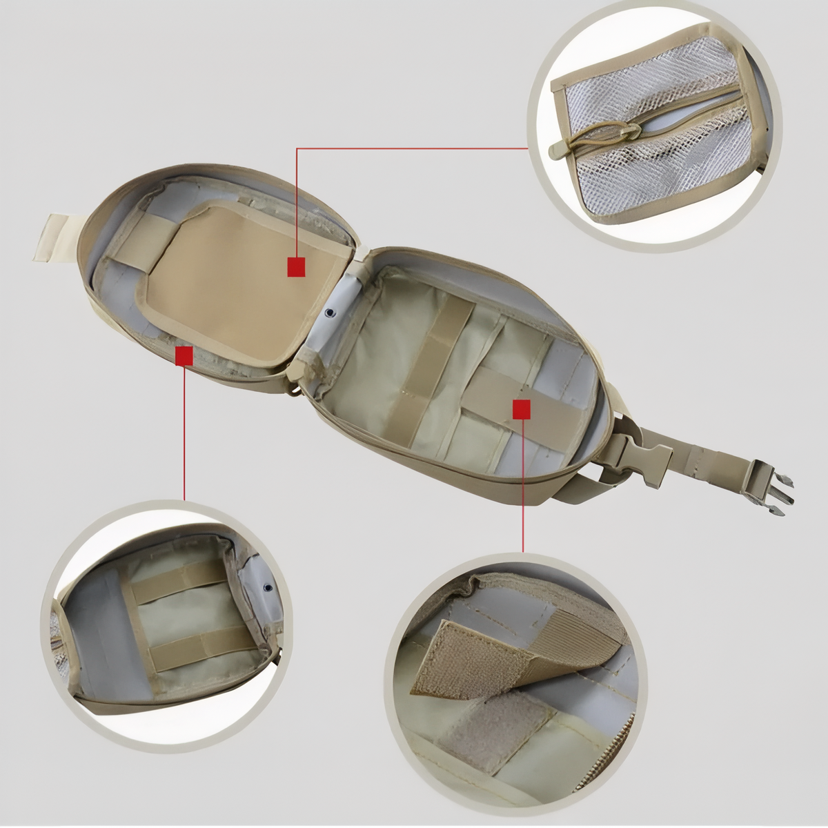 Inside of the khaki pouch opened flat, with close-ups of the mesh pocket, loops and hook-and-loop panel