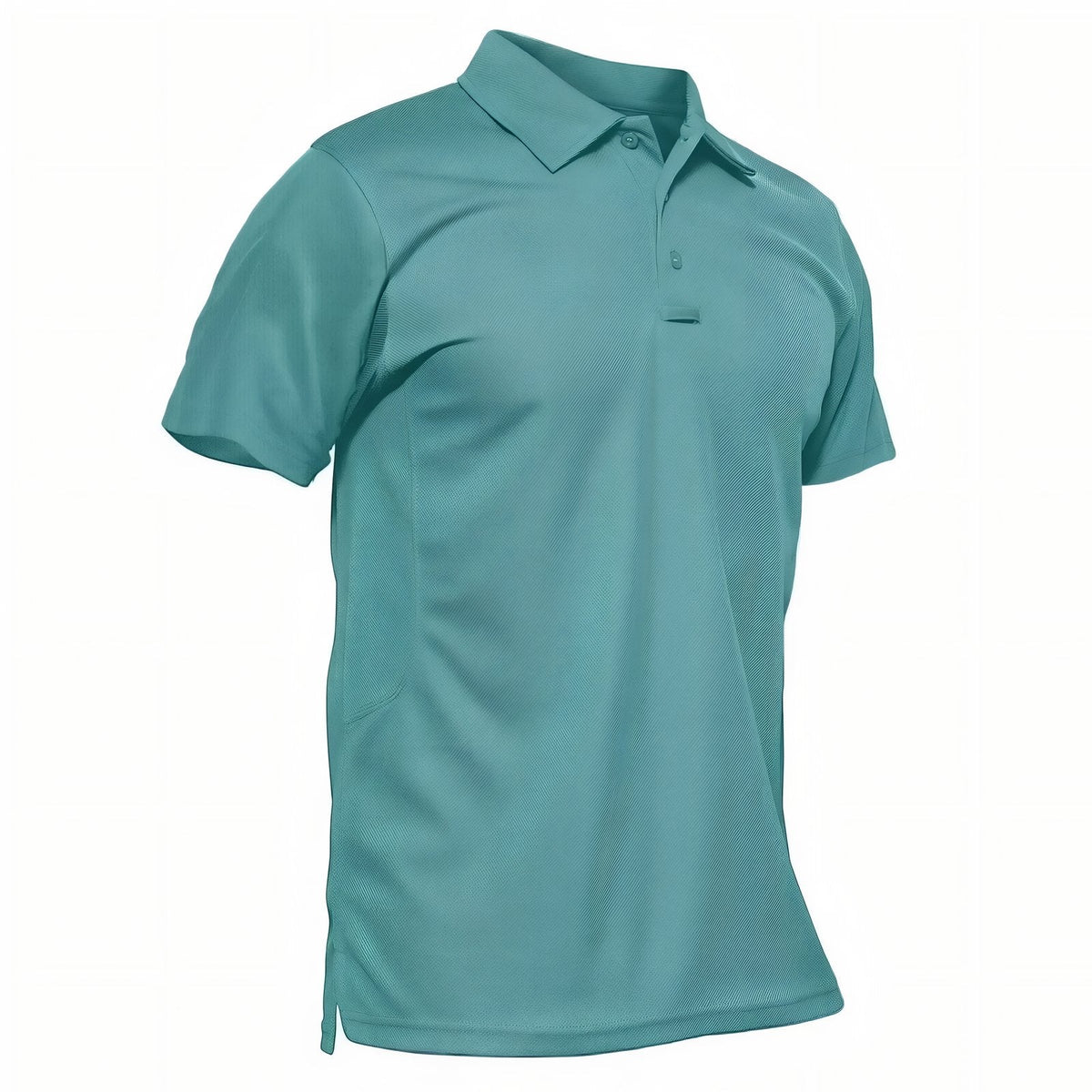 Men's grey green short-sleeved hiking polo shirt seen from the front at an angle
