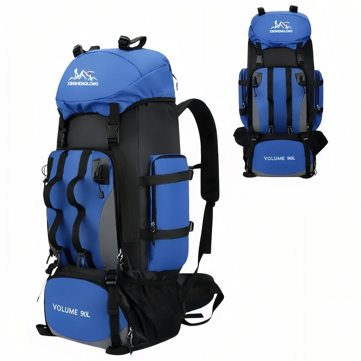 Blue 90 L hiking backpack shown from the front with a small back view