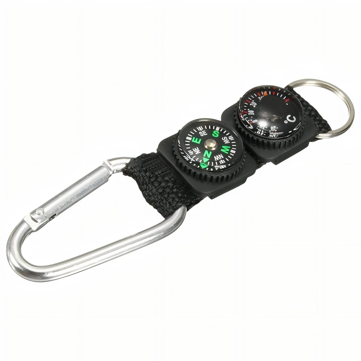 Black webbing keyring with a small compass and a dial thermometer, a silver carabiner at one end and a split ring at the other