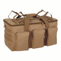 Coyote brown 55 L tactical duffel bag with three zipped front pockets, top straps and a padded centre handle