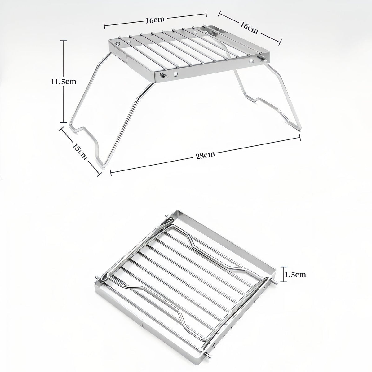 The grill stand with its sizes marked: 16 x 16 cm grate, 11.5 cm high, legs 28 cm apart, 1.5 cm folded