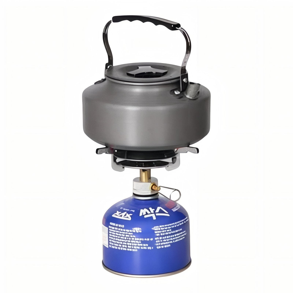 Small kettle standing on the camping stove fitted to a gas canister