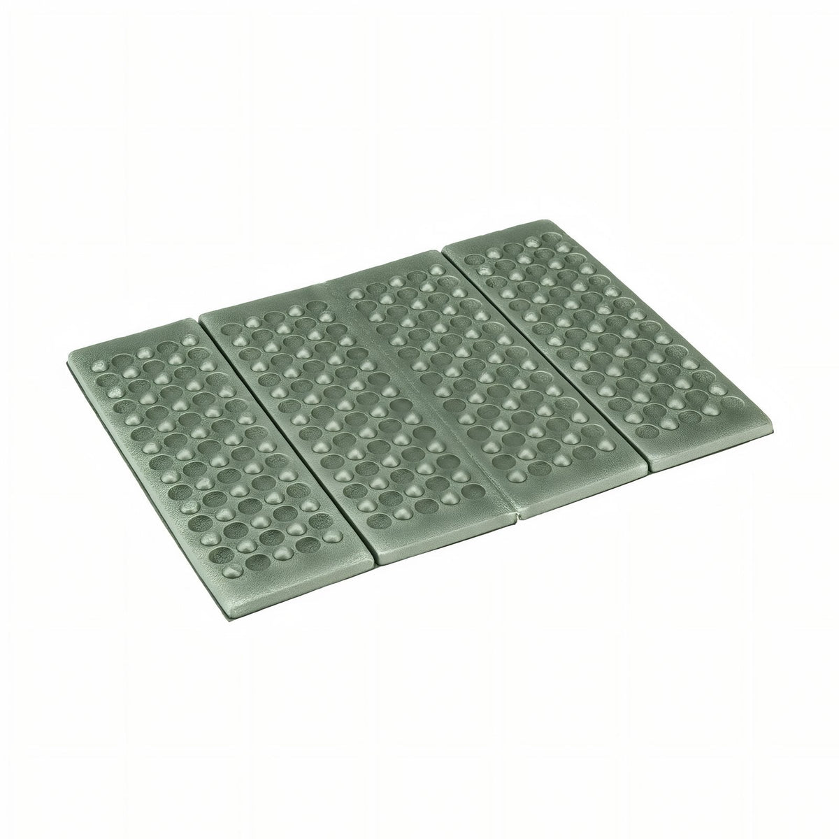 A sage green folding foam sit pad opened flat, its four panels covered in rows of raised dimples, on a white background