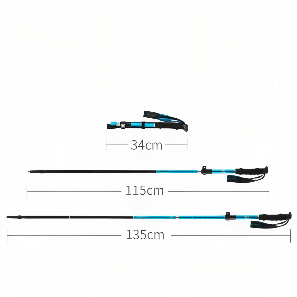 Diagram of the blue folding trekking pole folded to 34 cm and extended to 115 cm and 135 cm