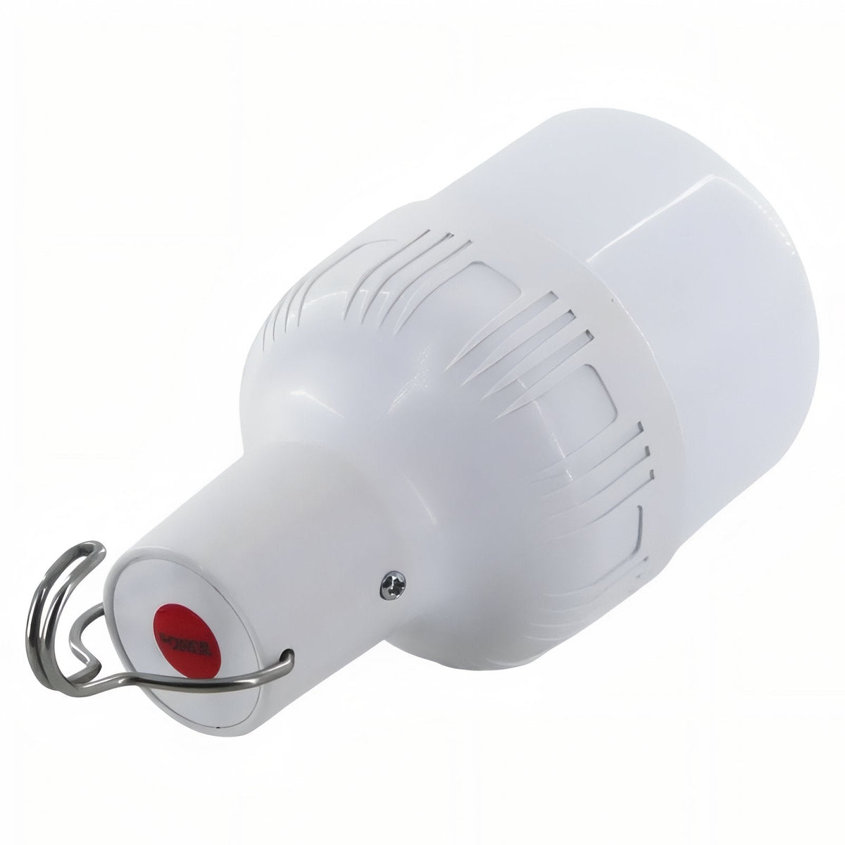 White LED bulb lantern lying on its side, showing the steel hook and the red switch on top