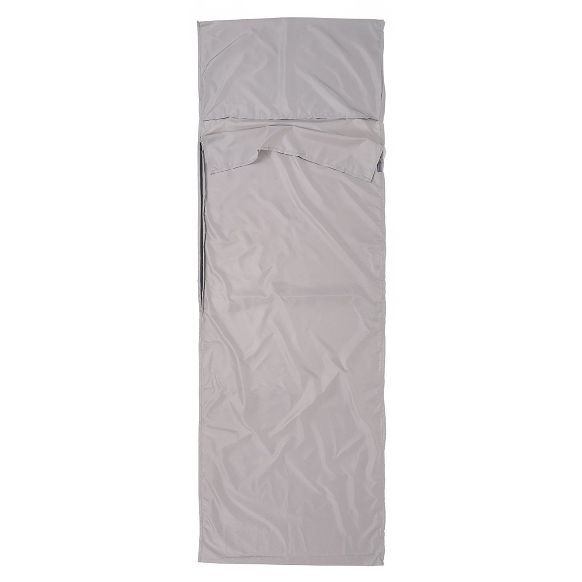 Light grey sleeping bag liner laid flat, with the pillow flap folded at the head and the side zip
