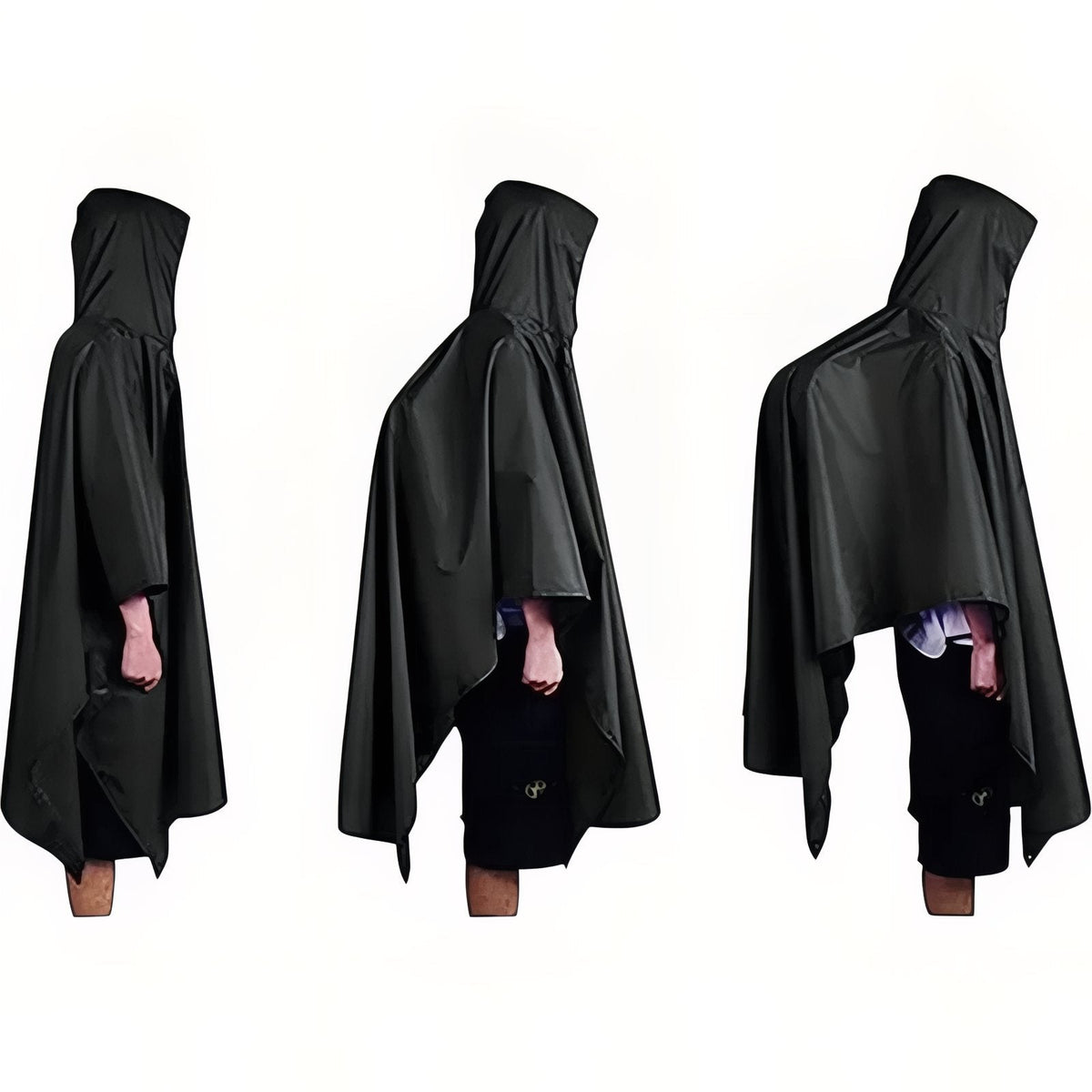 Black hooded poncho worn, seen from the side and from behind in three views