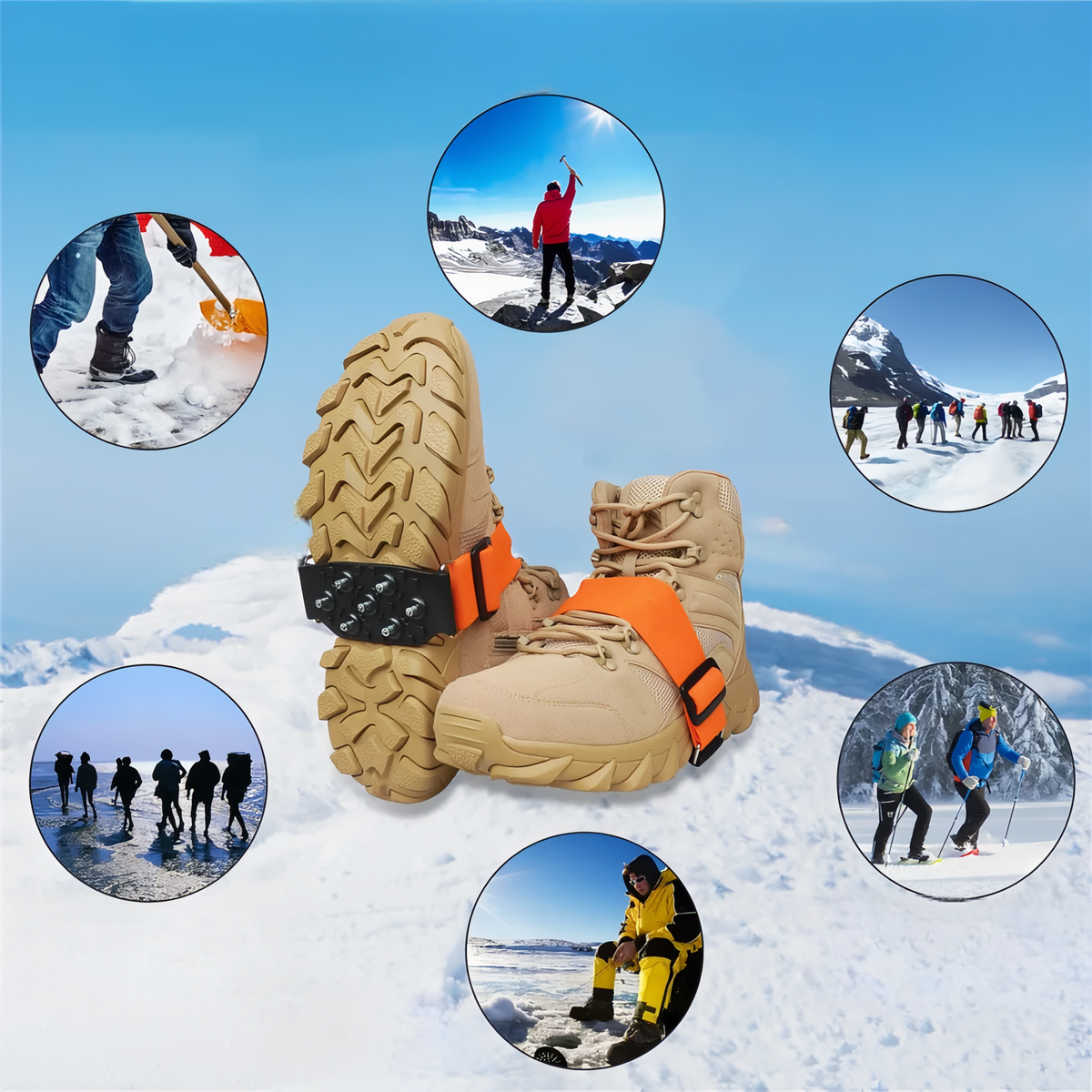 Tan boots with the ice cleats fitted, surrounded by small photos of winter walking, snow shovelling and ice fishing