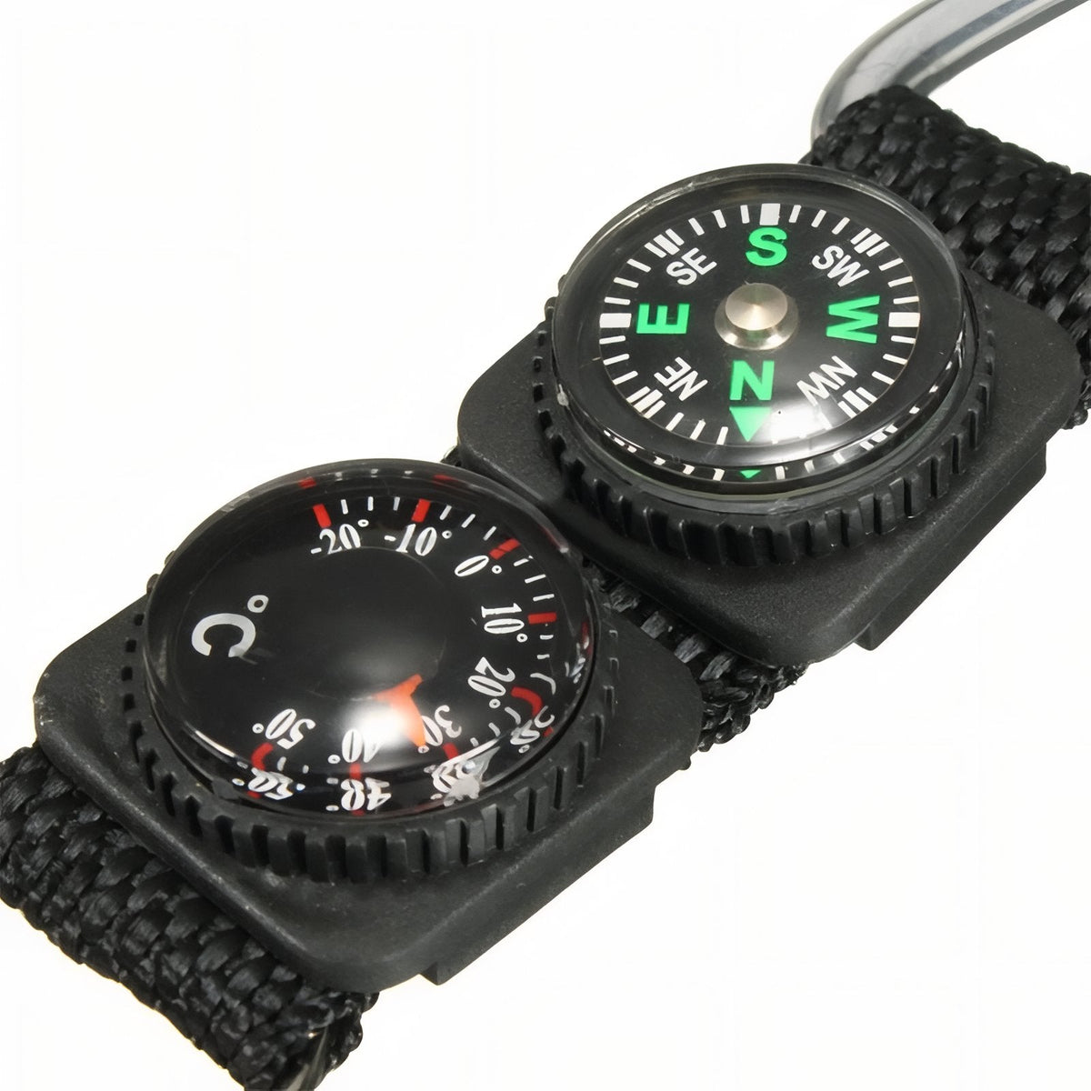 Close-up of the compass capsule and the Celsius thermometer dial on the keyring