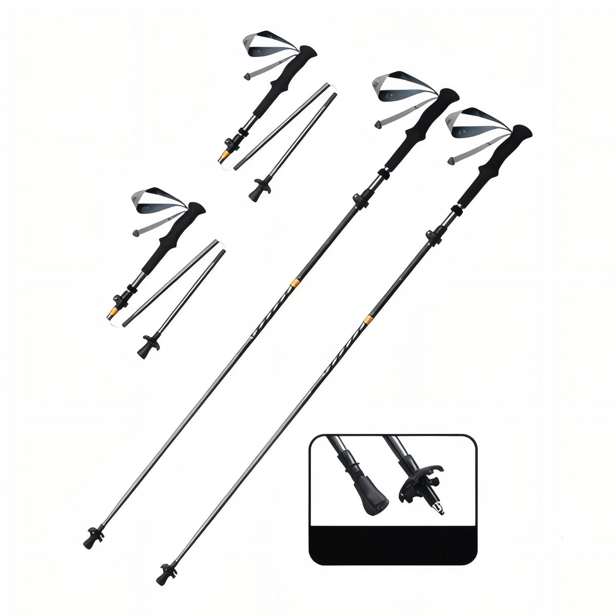 Grey folding trekking pole pair shown extended and folded, with a close-up of the tip