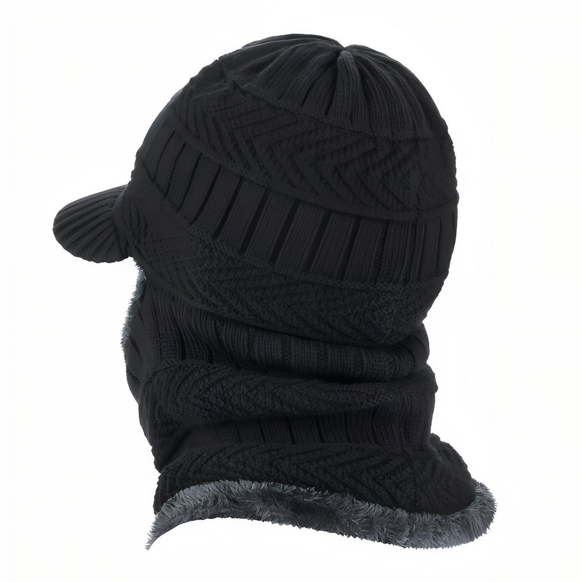 Back view of the black knitted balaclava with its grey plush-lined neck edge