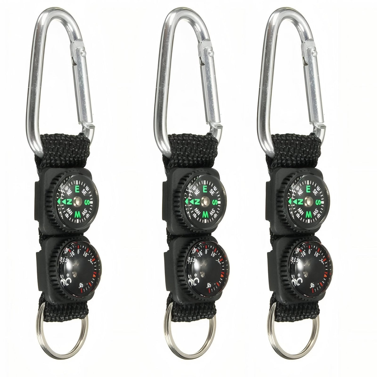 Three compass and thermometer keyrings hanging from their carabiners