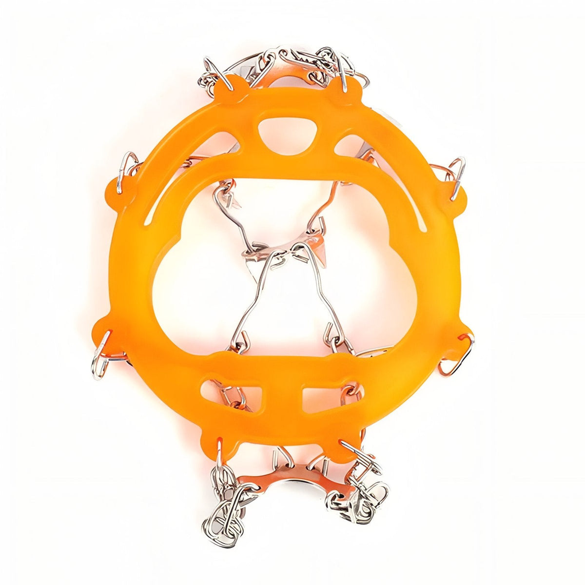 Orange chain crampon on its own, harness side up, with the steel chains and plates beneath