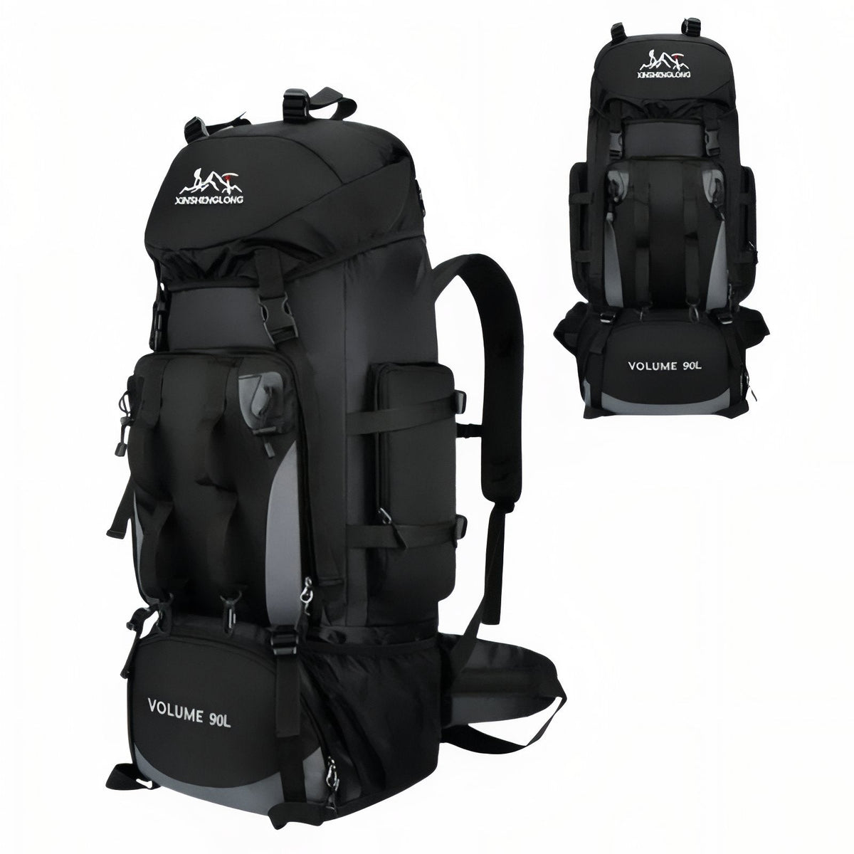 Black 90 L hiking backpack shown from the front with a small back view
