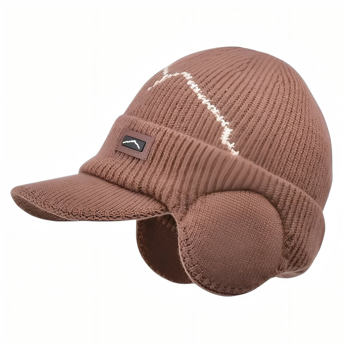 Light brown knitted peaked beanie with round ear flaps and a white contrast line